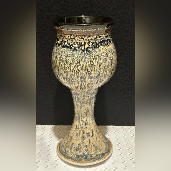 2 Hand Thrown Stoneware Studio Pottery Pedestal Chalice Cup Goblet Blue Brown - Picture 4 of 9